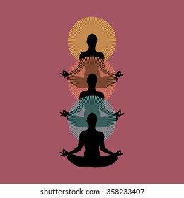 Vector yoga black repeating silhouettes with sunbursts  on pink background