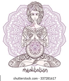 Vector yoga card for pregnant women. Healthy life, element hand drawn. Perfect cards for any other kind of design, yoga center concept, mother, baby  medallion, yoga, india, mandala, kaleidoscope