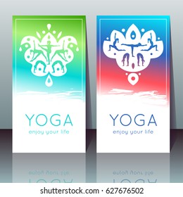 Vector yoga cards with girls in yoga poses, ethnic indian ornament and sample text on a gradient background for use as a template of banner, poster for Yoga day, invitation for yoga studio or retreat.