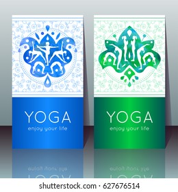 Vector yoga cards with girls in yoga poses, ethnic indian ornament, linear pattern and sample text for use as a template of banner, poster for Yoga day, invitation for yoga center, studio or retreat.