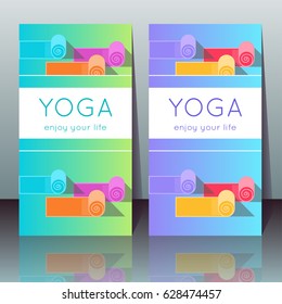 Vector yoga cards with yoga mats, sample text on a gradient background for use as a template of banner, poster for Yoga day, invitation for yoga center, studio or retreat.