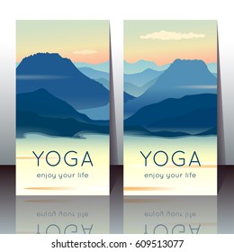 Vector yoga cards with morning mountain landscape and sample text for use as a template of banner, backdrop, poster, invitation for yoga center, studio or retreat.