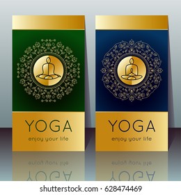 Vector yoga cards with yogi in yoga pose, sample text on a gradient background with golden texture for use as a template of banner, poster for Yoga day, invitation for yoga center, studio or retreat.