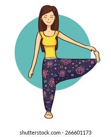 Vector yoga cartoon girl in asana Standing Hand to Big Toe B. Padangusthasana B