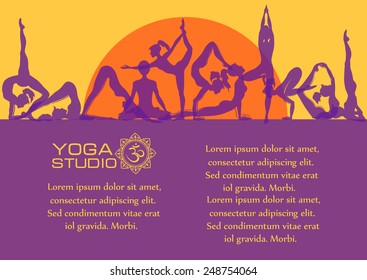 Vector yoga concept. Flat colorful set of yoga poses at sunrise