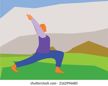 yoga vectorial en las montañas frescas de la sierra disfrutando del paisaje verde bajo las montañas