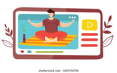 Vector of yoga course. Yoga class at home. Online lesson with teacher. Yoga lesson in mobile app. Quarantine epidemic. Working at home. Stretching and fitness exercises. Live streaming. Broadcast.