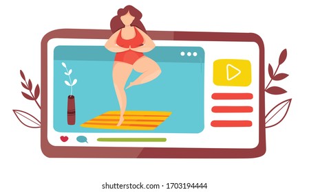 Vector of yoga course. Yoga class at home. Online lesson with teacher. Yoga lesson in mobile app. Quarantine epidemic. Working at home. Stretching and fitness exercises. Live streaming. Broadcast.