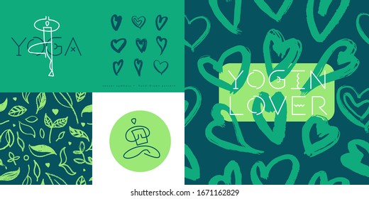 Vector yoga emblem for yoga school banner, healthy lifestyle symbol on herb pattern background. Spa centre or yoga school logo or studio. Hand-drawn Yogi icon. Yogin class. Indian philosophy symbol.