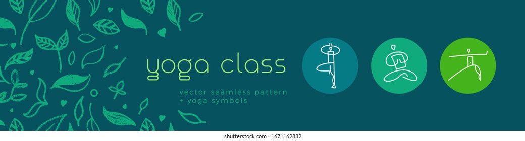 Vector yoga emblem for yoga school banner, healthy lifestyle symbol on herb pattern background. Spa centre or yoga school logo or studio. Hand-drawn Yogi icon. Yogin class. Indian philosophy symbol.