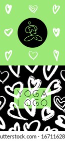 Vector yoga emblem for yoga school banner, healthy lifestyle symbol on herb pattern background. Spa centre or yoga school logo or studio. Hand-drawn Yogi icon. Yogin class. Indian philosophy symbol.