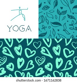 Vector yoga emblem for yoga school banner, healthy lifestyle symbol on herb pattern background. Spa centre or yoga school logo or studio. Hand-drawn Yogi icon. Yogin class. Indian philosophy symbol.