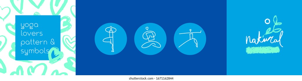 Vector yoga emblem for yoga school banner, healthy lifestyle symbol on herb pattern background. Spa centre or yoga school logo or studio. Hand-drawn Yogi icon. Yogin class. Indian philosophy symbol.