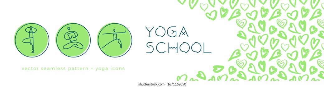Vector yoga emblem for yoga school banner, healthy lifestyle symbol on herb pattern background. Spa centre or yoga school logo or studio. Hand-drawn Yogi icon. Yogin class. Indian philosophy symbol.