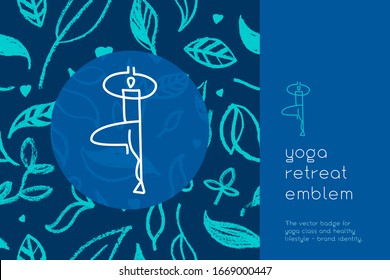 Vector yoga emblem for yoga school logo, healthy lifestyle symbol on floral pattern background. Spa centre or yoga school sign or studio. Hand-drawn Yogi icon. Yogin class. Indian philosophy symbol.