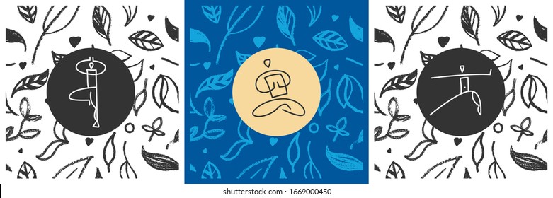 Vector yoga emblem for yoga school logo, healthy lifestyle symbol on floral pattern background. Spa centre or yoga school sign or studio. Hand-drawn Yogi icon. Yogin class. Indian philosophy symbol.