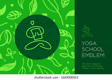 Vector yoga emblem for yoga school logo, healthy lifestyle symbol on floral pattern background. Spa centre or yoga school sign or studio. Hand-drawn Yogi icon. Yogin class. Indian philosophy symbol.