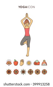 Vector yoga icons and graphic design elements in trendy linear style for yoga studio