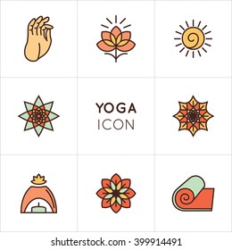 Vector yoga icons and graphic design elements in trendy linear style for yoga studio