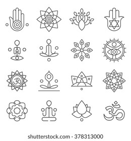 Vector yoga icons and line badges, graphic design elements or logo templates for spa center or yoga studio