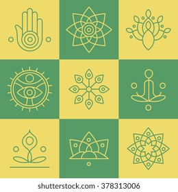Vector yoga icons and line badges, graphic design elements or logo templates for spa center or yoga studio