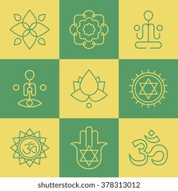 Vector yoga icons and line badges, graphic design elements or logo templates for spa center or yoga studio