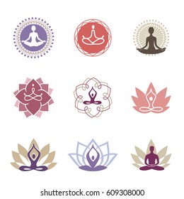 Vector yoga icons and line badges, graphic design elements or logo templates for spa center or yoga studio