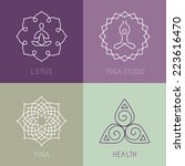 Vector yoga icons and round line badges - graphic design elements in outline style  or logo templates for spa center or yoga studio