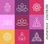 Vector yoga icons and round line badges - graphic design elements in outline style  or logo templates for spa center or yoga studio