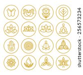 Vector yoga icons and round line badges - graphic design elements in outline style or logo templates for spa center or yoga studio