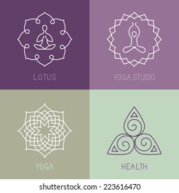Vector yoga icons and round line badges - graphic design elements in outline style  or logo templates for spa center or yoga studio