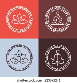 Vector yoga icons and round line badges - graphic design elements in outline style  or logo templates for spa center or yoga studio