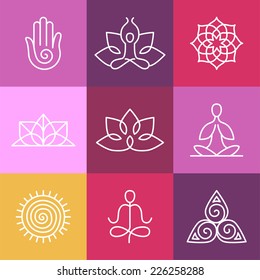 Vector yoga icons and round line badges - graphic design elements in outline style  or logo templates for spa center or yoga studio