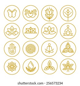 Vector yoga icons and round line badges - graphic design elements in outline style or logo templates for spa center or yoga studio
