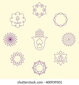 Vector yoga icons and round line badges - graphic design elements in outline style or logo templates for spa center or yoga studio