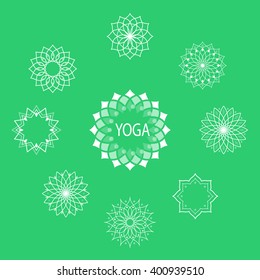 Vector yoga icons and round line badges - graphic design elements in outline style or logo templates for spa center or yoga studio