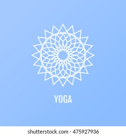 Vector yoga icons and round line badges in the shape of a flower - graphic design elements in outline style or simple geometric logo templates for spa center or yoga studio.