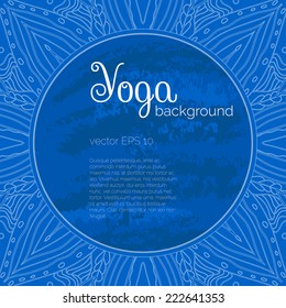 Vector yoga illustration. Abstract fantasy yoga background. Name of yoga studio on a blue background.  Yoga sticker with a circle logo on a blue background. Yoga center, recreation, healthy lifestyle.