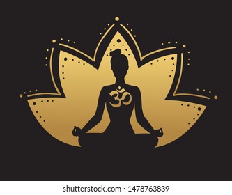 Vector yoga illustration in black and gold colors. Silhouette of a meditating woman, lotus flower and religious symbol Om. Golden gradient. Yoga icon for logo, poster, banner, flyer or card design.