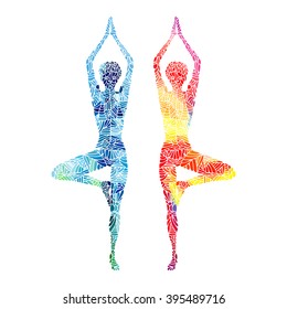 Vector yoga illustration in doodle style. Hand drawn colorful sketch in doodle style. Tree pose.