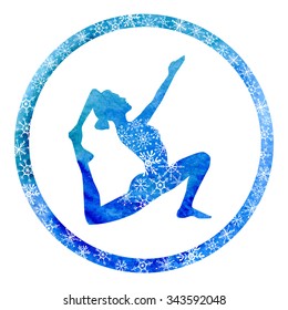 Vector yoga illustration with female silhouette in circle frame with bright blue watercolor texture and snowy ornament. Winter colors and snowflakes decoration.