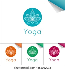 Vector yoga illustration. Flat yoga emblem with lotus symbol. Professional identity design for yoga studio, yoga center or class. Logotype for SPA, beauty salon, ayurveda clinic in linear style.