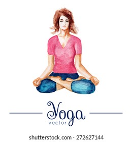 Vector yoga illustration. Girl in yoga pose. Illustration with watercolor texture. Poster for yoga class, yoga studio, fitness center. Illustration for magazines, for t-shirts, advertising, websites.