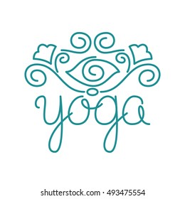 Vector yoga illustration with hand-lettering text. Trendy linear style with floral. Identity design for yoga studio, yoga center or class.