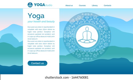 Vector yoga illustration with mountains landscape, yogi, ethnic pattern and sample text in blue colors for use as a template of landing page for yoga center, studio, retreat or alternative medicine.