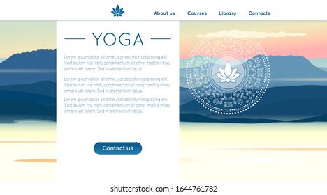 Vector yoga illustration with mountains landscape, ethnic pattern and sample text in gradient colors for use as a template of landing page for yoga center, studio, retreat or alternative medicine.