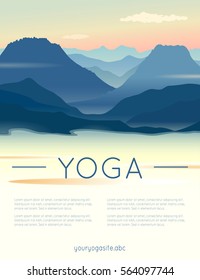 Vector yoga illustration with mountains landscape, lake, sunrise and sample text in gentle colors for use as a template of banner, backdrop or poster for 21st June, International Yoga Day.