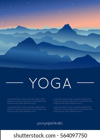 Vector yoga illustration with mountains landscape, sunrise and sample text in blue colors for use as a template of banner, backdrop or poster for 21st June, International Yoga Day.