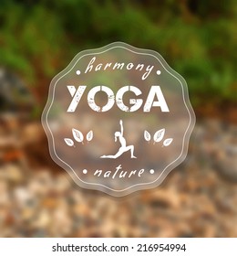 Vector yoga illustration. Name of yoga studio on a nature background. Yoga class motto. Yoga sticker with a green grass and beige stones. Healthy lifestyle. Yoga poster with a natural landscape.