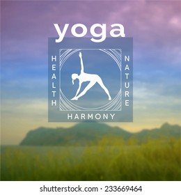 Vector yoga illustration. Name of yoga studio on a nature background. Yoga class motto. Yoga sticker. Yoga exercises, recreation, healthy lifestyle. Poster for yoga class with a Crimean landscape.